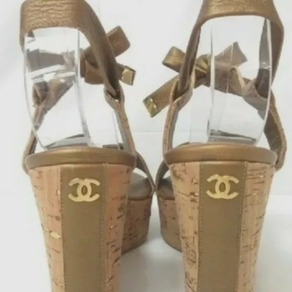 AUTH CHANEL Sandals Wedge Heels Leather CC logo